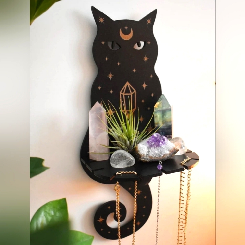 Mystical Black Cat Wall Shelf Boho Witchy Gems Necklace Display